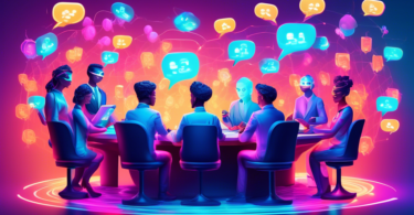 A futuristic digital marketplace bustling with vibrant avatars exchanging ideas and money in a Telegram-themed virtual chat room, where each conversation bubble is infused with glowing dollar signs.