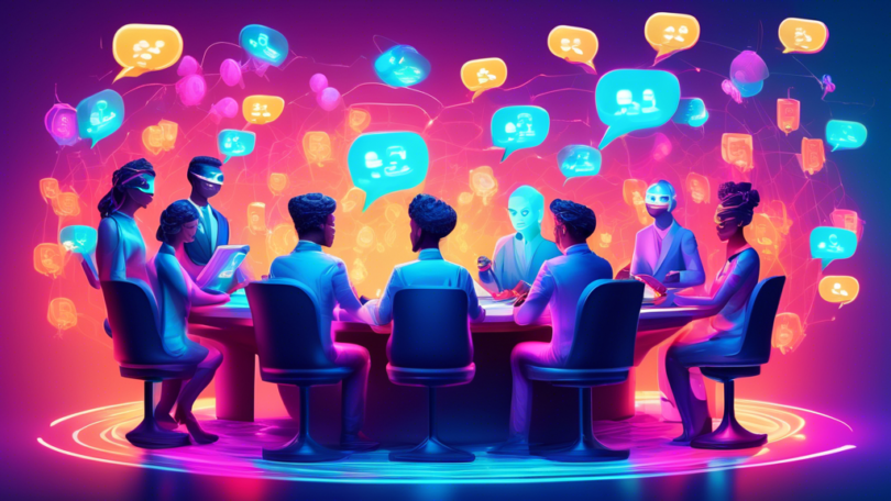 A futuristic digital marketplace bustling with vibrant avatars exchanging ideas and money in a Telegram-themed virtual chat room, where each conversation bubble is infused with glowing dollar signs.