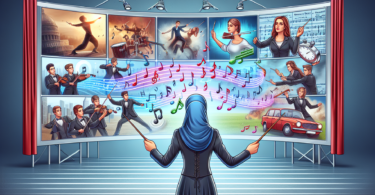 Create an image that illustrates the concept of music synchronization in media. Show a music conductor with a wand in one hand and a stopwatch in the other, standing in front of a large screen displaying scenes from movies, video games, and commercials. The screen showcases various moments that align perfectly with musical cues, such as an action scene, a dramatic moment, and a joyful advertisement. Include musical notes flowing seamlessly from the conductor's wand to the screen, visually representing the harmony between music and media.