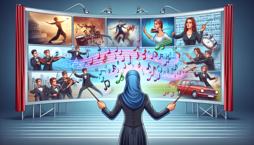 Create an image that illustrates the concept of music synchronization in media. Show a music conductor with a wand in one hand and a stopwatch in the other, standing in front of a large screen displaying scenes from movies, video games, and commercials. The screen showcases various moments that align perfectly with musical cues, such as an action scene, a dramatic moment, and a joyful advertisement. Include musical notes flowing seamlessly from the conductor's wand to the screen, visually representing the harmony between music and media.
