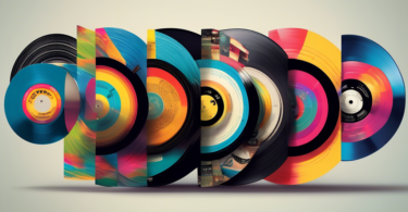 A giant vinyl record being divided into smaller records, each depicting different music distribution platforms such as streaming services, digital downloads, and physical sales. Make the image colorful and visually appealing to showcase the diverse ways in which music is distributed in today's digital age.