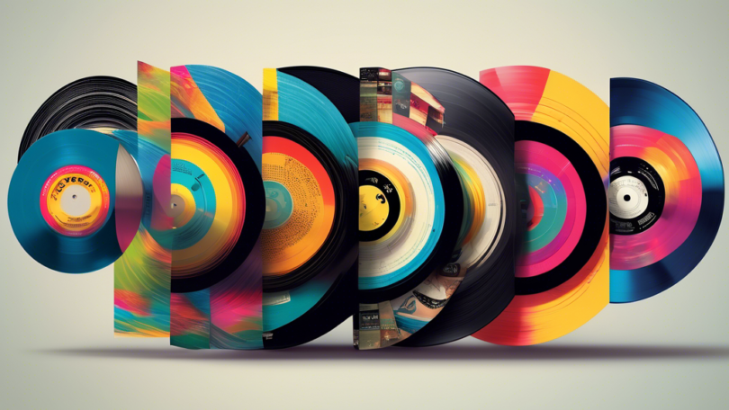 A giant vinyl record being divided into smaller records, each depicting different music distribution platforms such as streaming services, digital downloads, and physical sales. Make the image colorful and visually appealing to showcase the diverse ways in which music is distributed in today's digital age.