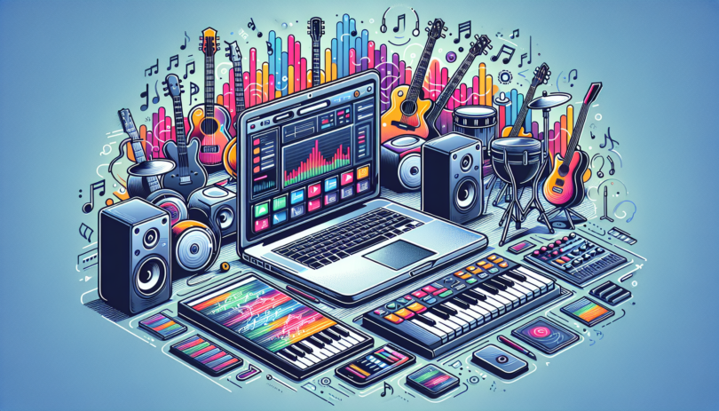 Illustration of a modern digital workspace featuring a laptop displaying the YouTube Audio Library interface. The background includes various musical instruments like guitars, keyboards, and drums, symbolizing the diverse range of music available. Surrounding the setup are icons representing free music tracks, a pair of headphones, and vibrant waveforms, emphasizing the free access to high-quality audio resources.