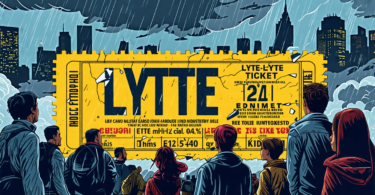 Digital illustration of a crumbling large ticket marked 'Lyte' against a stormy cityscape background, with various people from the ticketing industry observing with concerned expressions.