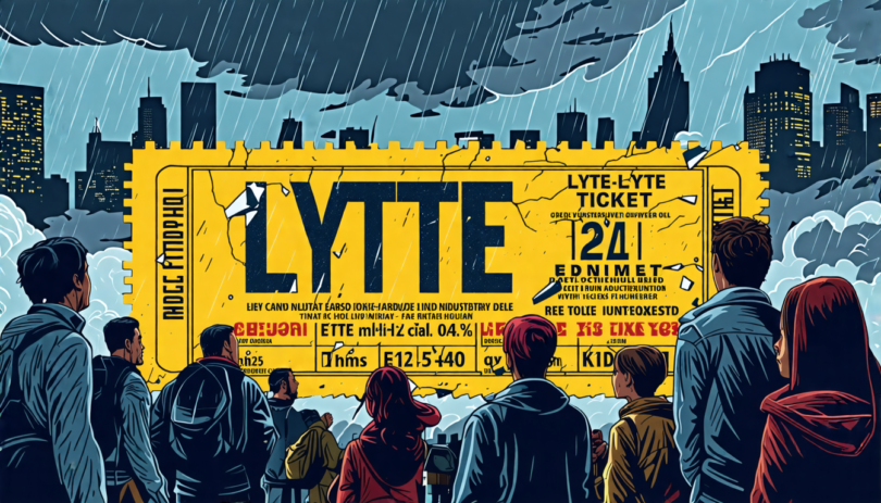 Digital illustration of a crumbling large ticket marked 'Lyte' against a stormy cityscape background, with various people from the ticketing industry observing with concerned expressions.