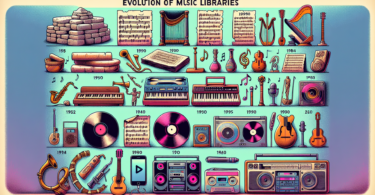 Create an image illustrating the evolution of music libraries from ancient times to the digital age. Start with ancient scrolls and sheet music, transition to vinyl records and cassette tapes, move to CDs and MP3 players, and finally, showcase modern streaming services on various devices. Include a diverse range of musical instruments and styles to highlight the universal importance of music.