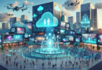 Create an image of a futuristic cityscape where large holographic screens display AI-generated movies and interactive virtual reality games in the sky. People are seen engaging with these projections