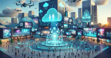 Create an image of a futuristic cityscape where large holographic screens display AI-generated movies and interactive virtual reality games in the sky. People are seen engaging with these projections