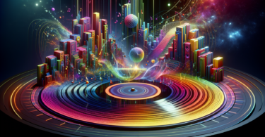 Visualize this as a surrealistic art piece. An enormous colorful vinyl record spins in the center of the artwork. The grooves on the record transform into flowing streams of bright, syncopated jazz notes and hard-hitting, rhythmical funk beats. Around the vinyl, architectural structures made of neon lines and geometric shapes, representing progressive house music, grow and throb to the rhythm. The background is filled with vibrant dancing energy particles, pulsating lights, and holographic spectral colors, to illustrate the modernity and influence of these musical genres.