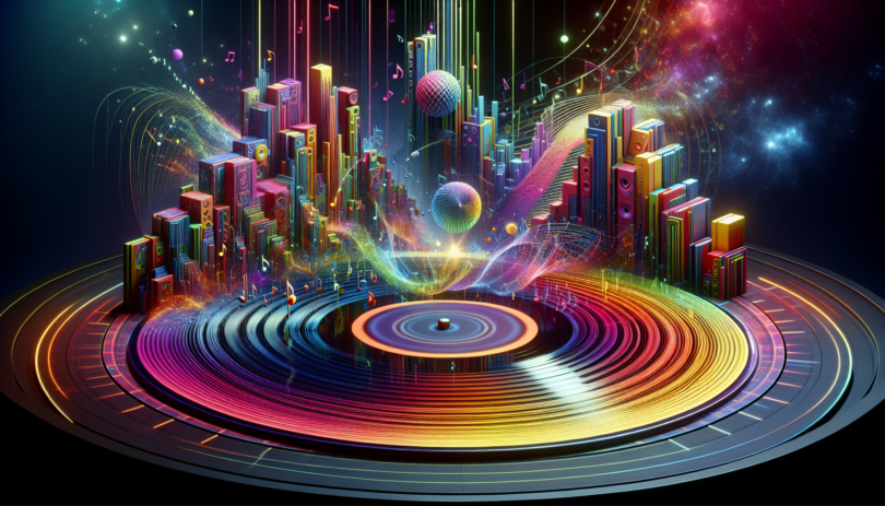 Visualize this as a surrealistic art piece. An enormous colorful vinyl record spins in the center of the artwork. The grooves on the record transform into flowing streams of bright, syncopated jazz notes and hard-hitting, rhythmical funk beats. Around the vinyl, architectural structures made of neon lines and geometric shapes, representing progressive house music, grow and throb to the rhythm. The background is filled with vibrant dancing energy particles, pulsating lights, and holographic spectral colors, to illustrate the modernity and influence of these musical genres.