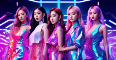 Create a stunning digital portrait of the top 20 K-Pop female idols, standing in an elegant, staggered formation on a futuristic, neon-lit stage, each showcasing their unique style and beauty, with a dazzling array of colors and fashion trends epitomizing the year 2024, under a shimmering spotlight with the title The Visual Queens of K-Pop 2024 glowing in bold holographic letters above them.
