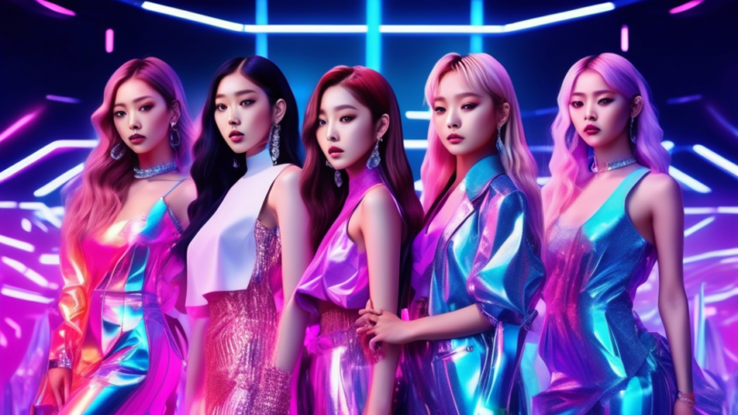 Create a stunning digital portrait of the top 20 K-Pop female idols, standing in an elegant, staggered formation on a futuristic, neon-lit stage, each showcasing their unique style and beauty, with a dazzling array of colors and fashion trends epitomizing the year 2024, under a shimmering spotlight with the title The Visual Queens of K-Pop 2024 glowing in bold holographic letters above them.