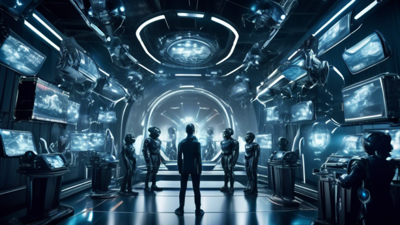 Create an image showing a futuristic movie set where AI technology is being used to revolutionize the media and entertainment industry. The scene should include AI-powered cameras, robots assisting wi