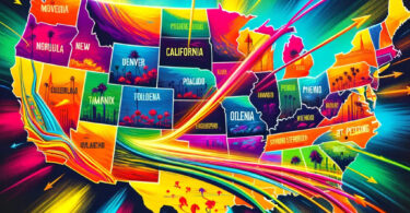 An illustration depicting the migration of music from California to emerging music hubs across the United States.