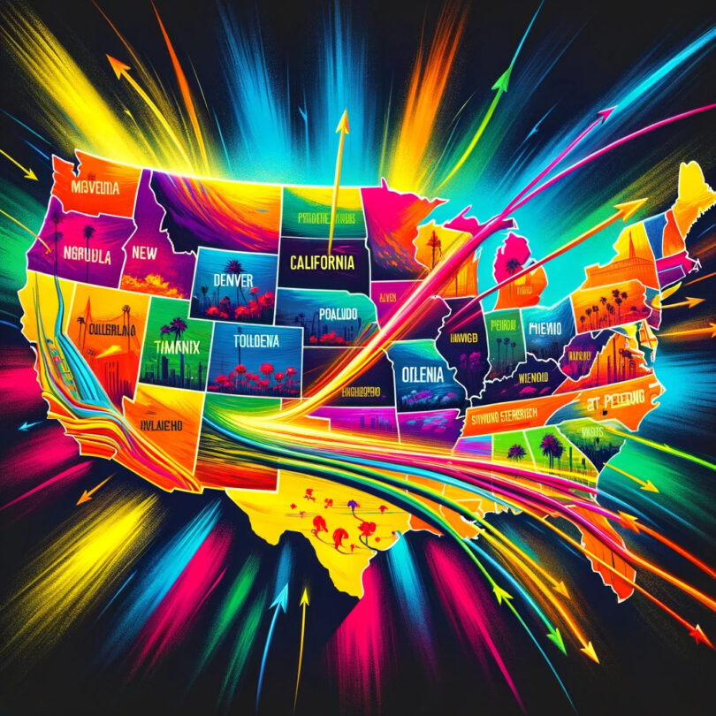 An illustration depicting the migration of music from California to emerging music hubs across the United States.