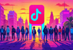 Digital illustration of a diverse group of indie artists standing outside a giant, locked TikTok logo gate, with expressions of concern and confusion, in a vibrant cityscape at dusk.