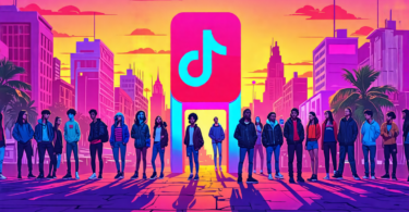 Digital illustration of a diverse group of indie artists standing outside a giant, locked TikTok logo gate, with expressions of concern and confusion, in a vibrant cityscape at dusk.