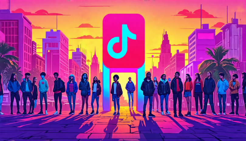 Digital illustration of a diverse group of indie artists standing outside a giant, locked TikTok logo gate, with expressions of concern and confusion, in a vibrant cityscape at dusk.