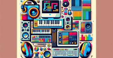 An image illustrating colorful and modern tips for aspiring music producers. The image could include a variety of music production equipment like headphones, a mixing console, MIDI keyboard, computer with a digital audio workstation, studio speakers, and soundproof foam on walls, all arranged in an aesthetically pleasing manner. These elements should be brightly colored and have a modern, clean design to represent the current trends in the music industry. The style should be visually appealing, vibrant and innovative, showcasing the fun and creative side of music production. Remember, no words should be present in this illustration.