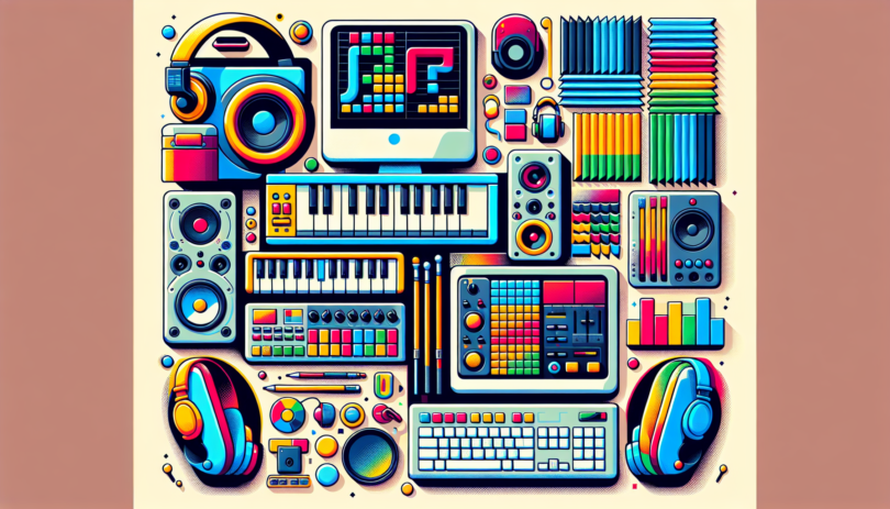 An image illustrating colorful and modern tips for aspiring music producers. The image could include a variety of music production equipment like headphones, a mixing console, MIDI keyboard, computer with a digital audio workstation, studio speakers, and soundproof foam on walls, all arranged in an aesthetically pleasing manner. These elements should be brightly colored and have a modern, clean design to represent the current trends in the music industry. The style should be visually appealing, vibrant and innovative, showcasing the fun and creative side of music production. Remember, no words should be present in this illustration.