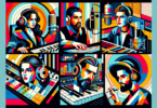 An abstract illustration of modern music producers. Portray four different individuals from different descents: a Caucasian woman, a Middle-Eastern man, a South Asian man and a Hispanic woman. Each person is involved in different aspects of music production: one is mixing audio on a console, the other is adjusting sound on a keyboard synthesizer, another is writing lyrics on a notepad, and the fourth is recording vocals in a booth. The artwork should be vibrant and contemporary, characterized by geometric shapes and bold, bright colors, implying their affiliation with popular music genres.