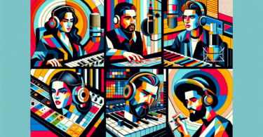 An abstract illustration of modern music producers. Portray four different individuals from different descents: a Caucasian woman, a Middle-Eastern man, a South Asian man and a Hispanic woman. Each person is involved in different aspects of music production: one is mixing audio on a console, the other is adjusting sound on a keyboard synthesizer, another is writing lyrics on a notepad, and the fourth is recording vocals in a booth. The artwork should be vibrant and contemporary, characterized by geometric shapes and bold, bright colors, implying their affiliation with popular music genres.