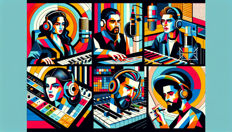 An abstract illustration of modern music producers. Portray four different individuals from different descents: a Caucasian woman, a Middle-Eastern man, a South Asian man and a Hispanic woman. Each person is involved in different aspects of music production: one is mixing audio on a console, the other is adjusting sound on a keyboard synthesizer, another is writing lyrics on a notepad, and the fourth is recording vocals in a booth. The artwork should be vibrant and contemporary, characterized by geometric shapes and bold, bright colors, implying their affiliation with popular music genres.