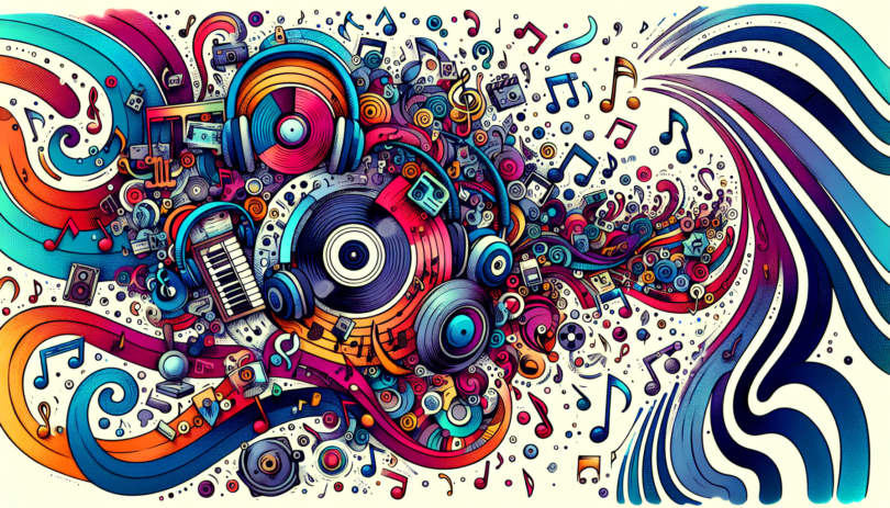 A vibrant and contemporary illustration that symbolizes top music choices for video creators. Picture an array of small, diverse music symbols like treble clefs, music notes, headsets, and records, each drawn in bold, bright colors. Layer this with illustrations of video-making tools, such as a camera, a film reel, and an editing software interface, also drawn in vivid hues. All these symbols are swirling around in an abstract, slightly chaotic pattern, to represent the many choices and possibilities available to video creators.