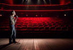 Create an image depicting a performer or artist standing on a dimly lit stage holding a microphone, looking disappointed. The backdrop should show a calendar with multiple events marked as Cancelled i