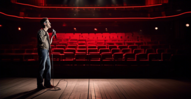 Create an image depicting a performer or artist standing on a dimly lit stage holding a microphone, looking disappointed. The backdrop should show a calendar with multiple events marked as Cancelled i