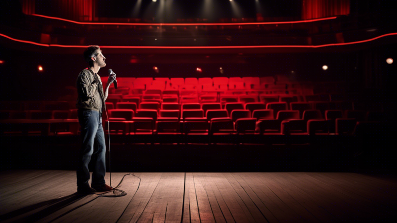 Create an image depicting a performer or artist standing on a dimly lit stage holding a microphone, looking disappointed. The backdrop should show a calendar with multiple events marked as Cancelled i