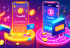 Create an image of a futuristic music streaming app interface labeled 'TuneFM' where musicians are joyfully receiving cryptocurrency payments displayed in holographic wallets, contrasted against a tra