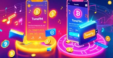 Create an image of a futuristic music streaming app interface labeled 'TuneFM' where musicians are joyfully receiving cryptocurrency payments displayed in holographic wallets, contrasted against a tra