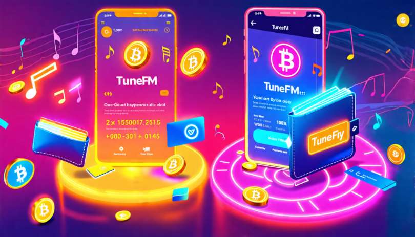 Create an image of a futuristic music streaming app interface labeled 'TuneFM' where musicians are joyfully receiving cryptocurrency payments displayed in holographic wallets, contrasted against a tra