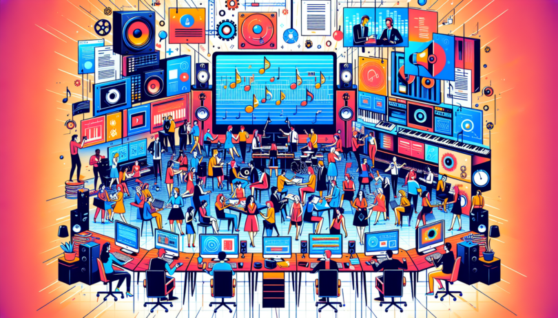 Create an illustration depicting the role of music sync agencies in today's industry. Show a busy office environment with professionals working on various aspects of music syncing, such as licensing agreements, liaising with film and TV producers, and selecting tracks for commercials and digital content. Include visual elements like film reels, TV screens, headphones, sheet music, and computers displaying editing software. Add a collaborative atmosphere with diverse team members discussing projects and brainstorming ideas. Make sure the scene conveys the dynamism and creativity inherent in the music synchronization process.