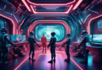 Create an image of a futuristic film set where a team of filmmakers and AI technology collaborate to enhance creativity through virtual production. Show a blend of traditional filmmaking elements and