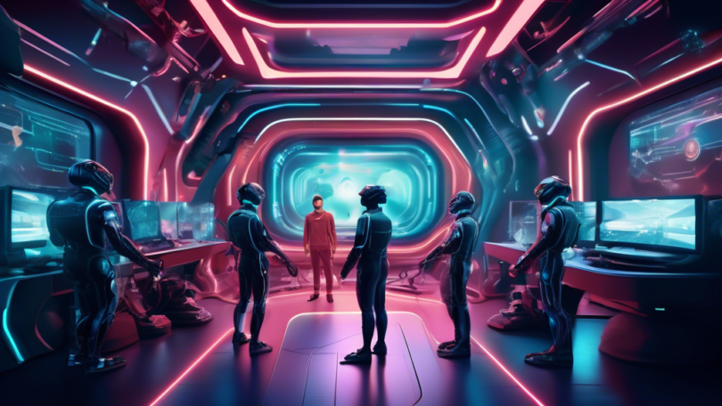 Create an image of a futuristic film set where a team of filmmakers and AI technology collaborate to enhance creativity through virtual production. Show a blend of traditional filmmaking elements and