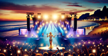"Energetic concert featuring a blonde American pop star on stage at Copacabana Beach in Brazil, with a vibrant crowd and a stunning sunset-to-night sky backdrop."