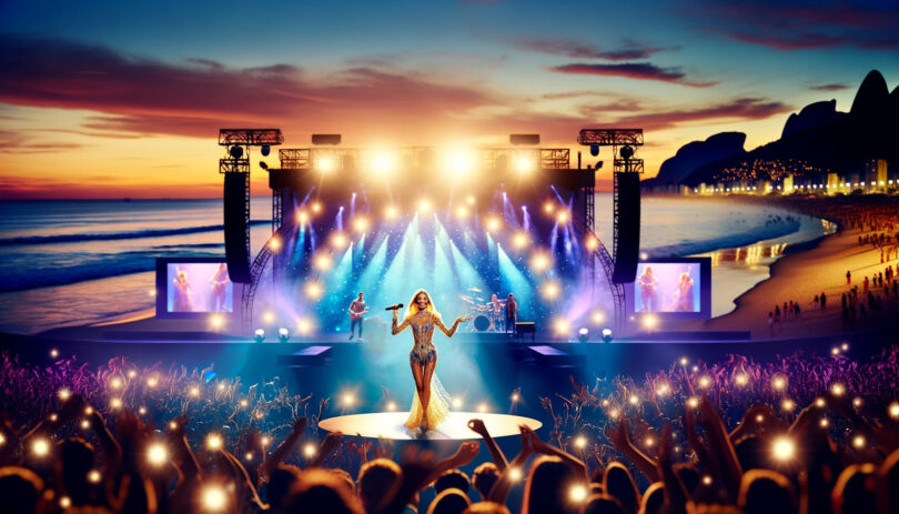 "Energetic concert featuring a blonde American pop star on stage at Copacabana Beach in Brazil, with a vibrant crowd and a stunning sunset-to-night sky backdrop."