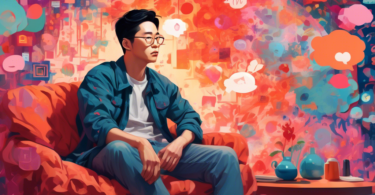 Portrait of Yun Sung Bin sitting in a cozy, romantic setting with a thought bubble containing symbols and visuals representing his ideal traits in a woman, such as intelligence, humor, and kindness, blending into a vibrant, abstract background.