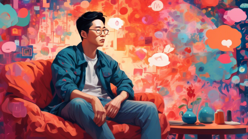 Portrait of Yun Sung Bin sitting in a cozy, romantic setting with a thought bubble containing symbols and visuals representing his ideal traits in a woman, such as intelligence, humor, and kindness, blending into a vibrant, abstract background.