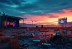 Create a surreal image depicting deserted, desolate concert stages in an open field under a twilight sky, with scattered musical instruments like guitars and drums left abandoned. The stages are overg