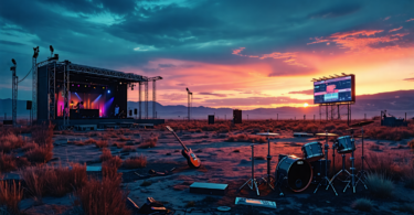 Create a surreal image depicting deserted, desolate concert stages in an open field under a twilight sky, with scattered musical instruments like guitars and drums left abandoned. The stages are overg