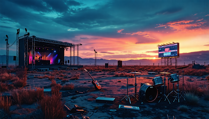 Create a surreal image depicting deserted, desolate concert stages in an open field under a twilight sky, with scattered musical instruments like guitars and drums left abandoned. The stages are overg