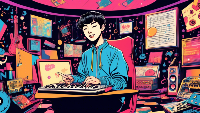 DALL-E prompt: Illustrate a retro pop art-inspired scene featuring TXT's Yeonjun sharing his secret of success with a whimsical character representing 'unexpected insider connection', surrounded by vibrant music notes and spotlight beams in a whimsical recording studio setting.