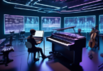 An image of a futuristic music studio where a humanoid AI is composing a complex symphony. The studio is filled with advanced technology like holographic m