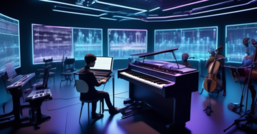 An image of a futuristic music studio where a humanoid AI is composing a complex symphony. The studio is filled with advanced technology like holographic m