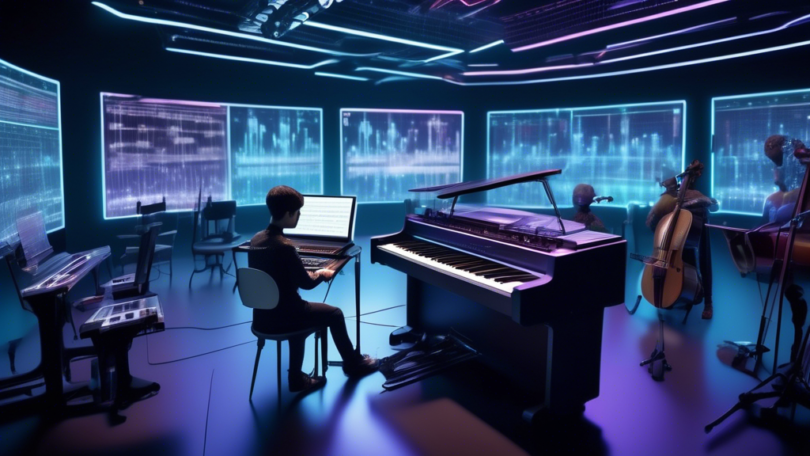 An image of a futuristic music studio where a humanoid AI is composing a complex symphony. The studio is filled with advanced technology like holographic m