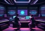 A futuristic music studio blending traditional instruments with advanced AI technology, showcasing a dynamic interaction between musicians and AI systems,