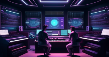 A futuristic music studio blending traditional instruments with advanced AI technology, showcasing a dynamic interaction between musicians and AI systems,